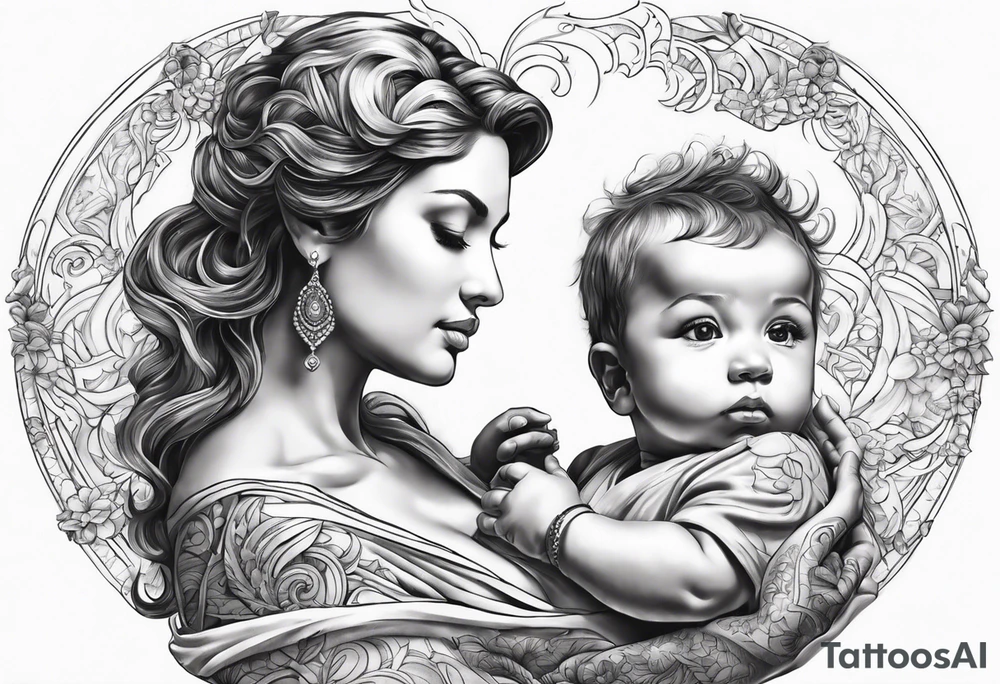 chest tattoo : 
mom and baby son statue tattoo idea