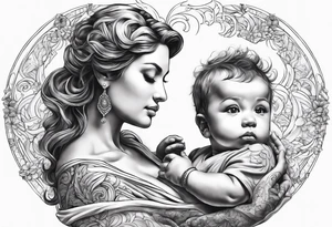 chest tattoo : 
mom and baby son statue tattoo idea
