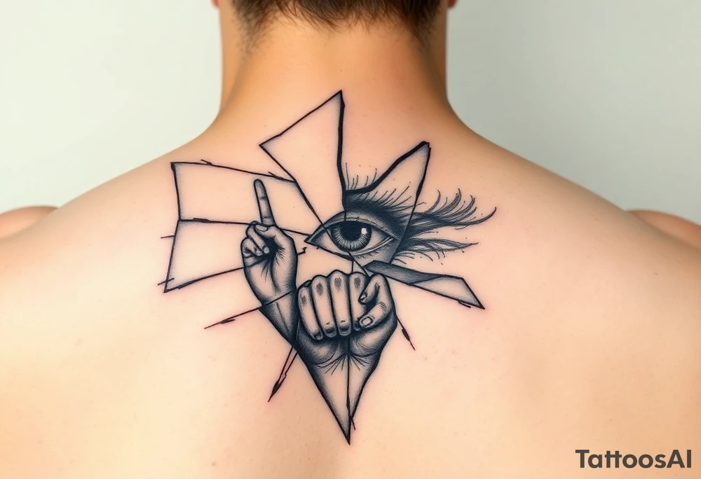 Shattered mirror tattoo design, geometric mirror shards floating, each fragment reflects different aspects - child's hand reaching, adult fist clenched, abstract eye, black ink with geometric patterns, negative space important, upper arm wrap design, abstract symbolic style, transformation theme tattoo idea