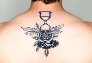 Hourglass, skull, dragonfly, cross, black rose, and Ford emblem tied into each other tattoo idea