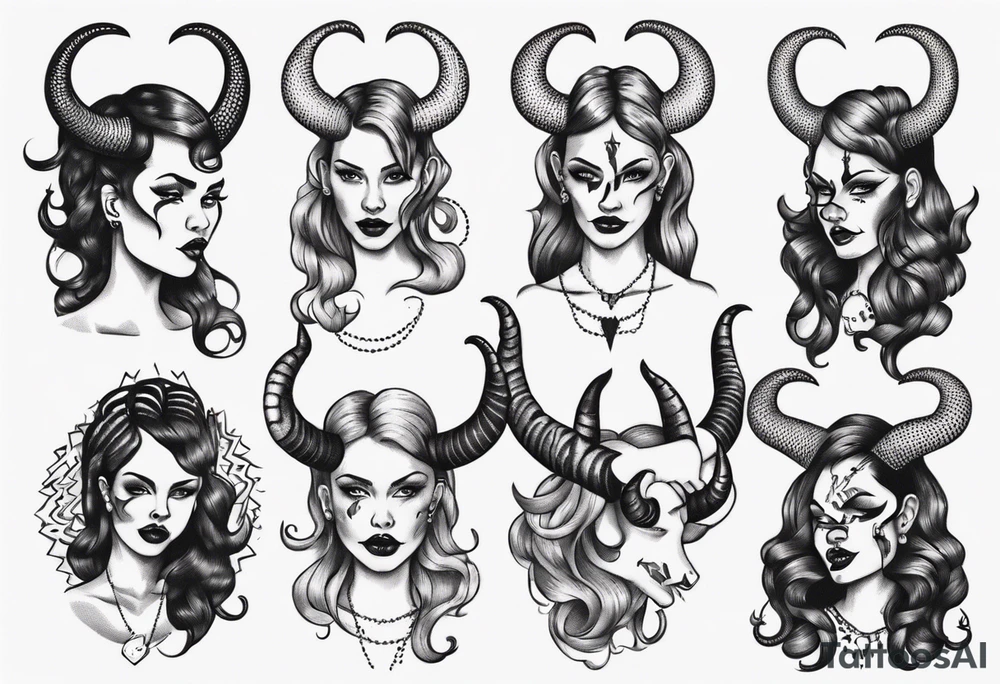 female dancing with devil horns tattoo idea