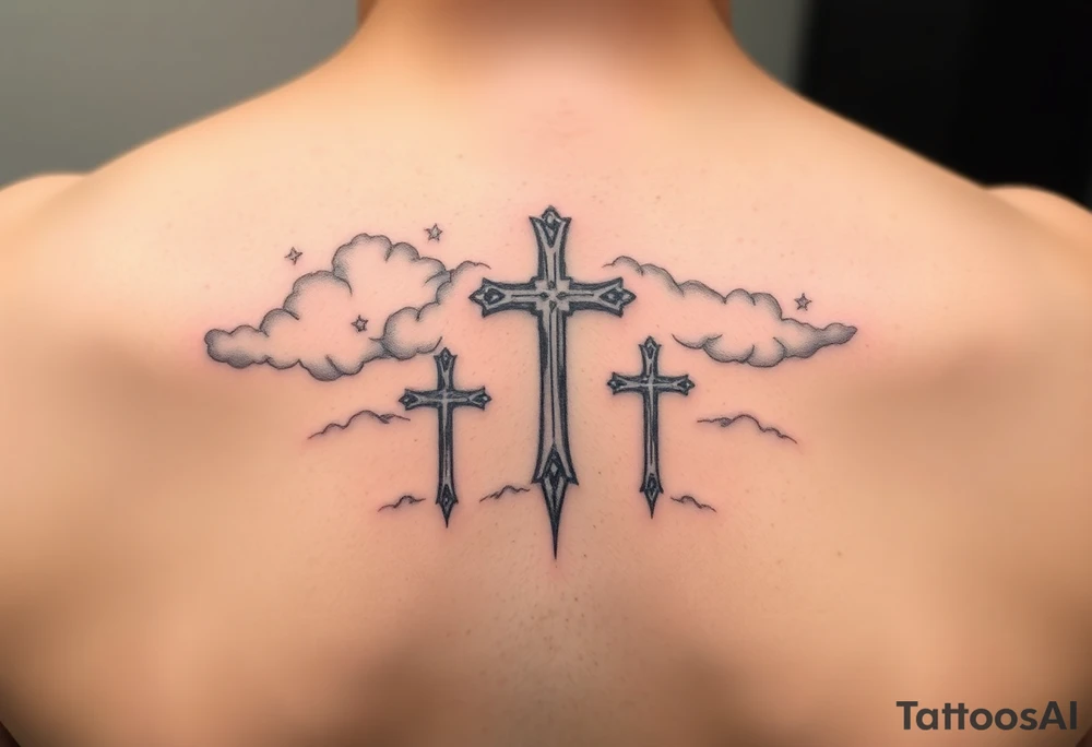 Clouds, 3 crosses fading tattoo idea