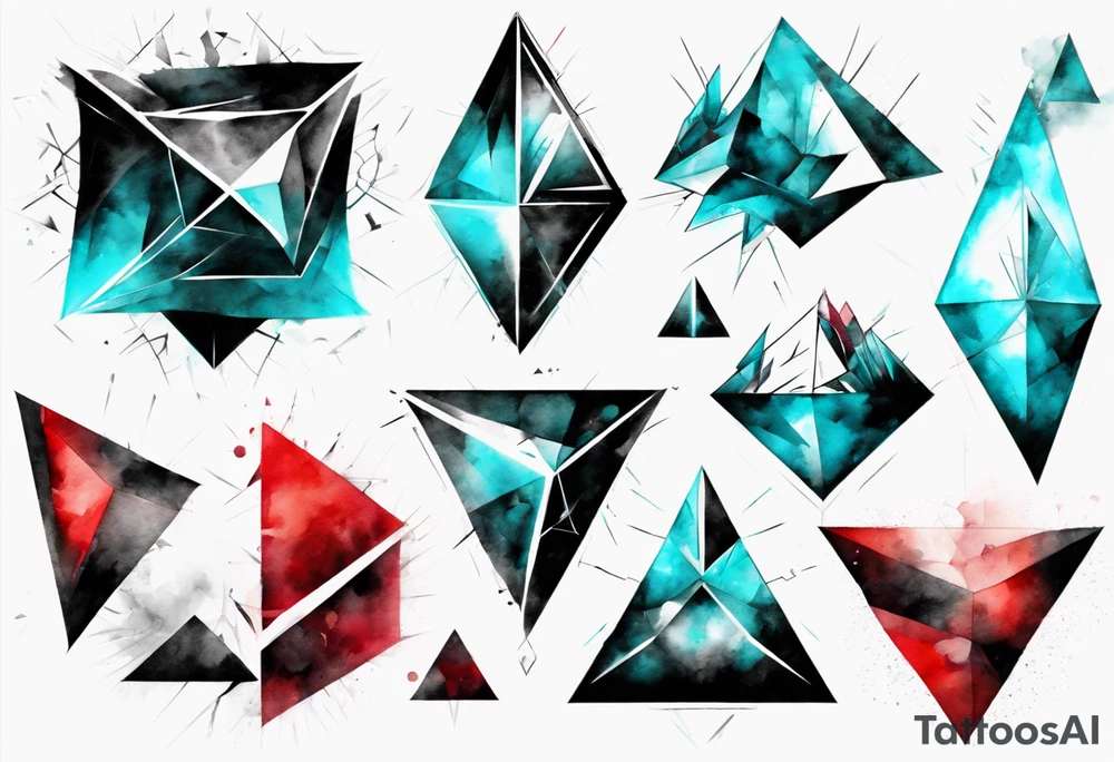 Modern and futuristic, triangular prism light reflection, black, red and cyan, acquarel, abstract, geometric, fractal chaos tattoo idea