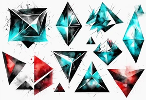 Modern and futuristic, triangular prism light reflection, black, red and cyan, acquarel, abstract, geometric, fractal chaos tattoo idea