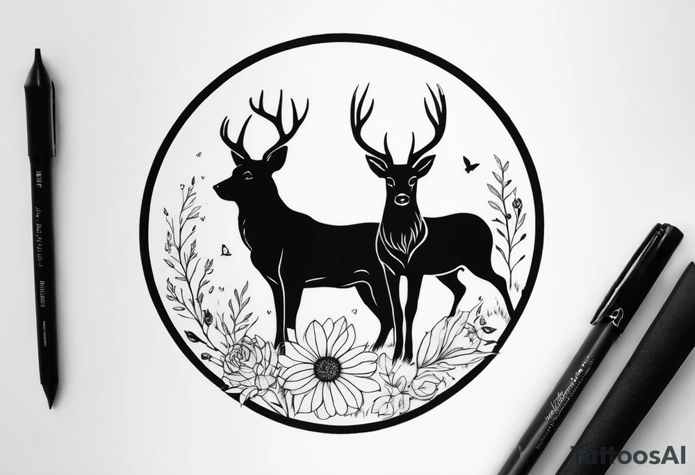 Huntig dog an deer next to each other, circle around the tattoo with flowers tattoo idea