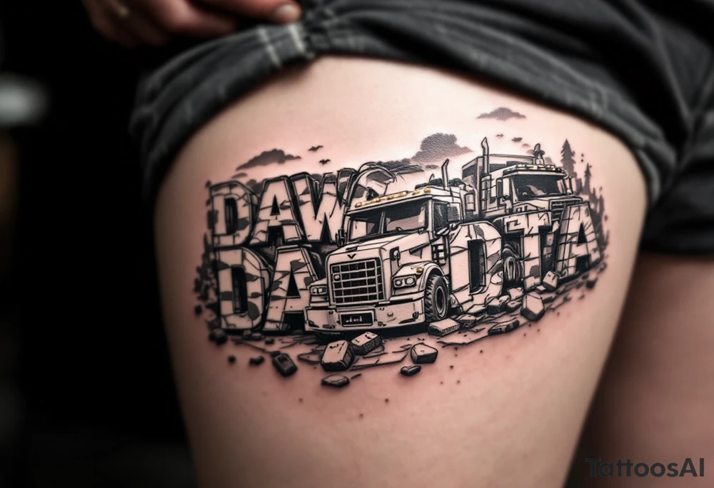 Dawson and Dakota spelled with legos and trucks with backgrounds tattoo idea