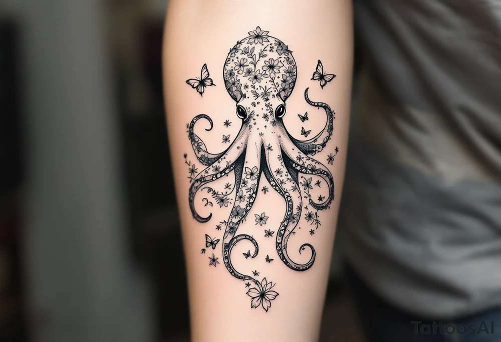 A simple fine-line tattoo design of a single octopus made entirely of flowers and butterflies. The octopus’s tentacles are shaped like flowing floral vines with leaves and petals, and its body is composed of overlapping blossoms and butterfly wings. Incorporate sacred geometry. The style is minimalist, elegant, and nature-inspired, with delicate black and grey lines, soft shading, and no outlines. No aquatic or marine elements besides the floral octopus. Simple. The design flows organically down the upper arm or shoulder, with a light, airy feel, minimalist tattoo idea