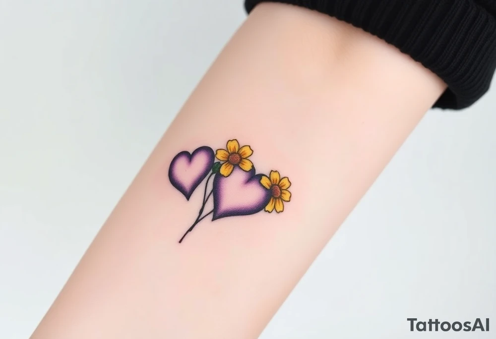 simple with Purple Hearts with yellow daisy. tattoo idea
