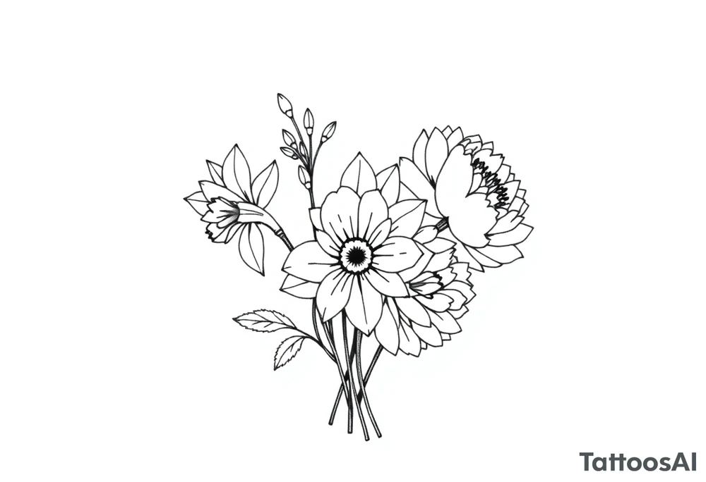 small daffodils, jonquils, chrysanthemum and peony in a bouquet tattoo idea