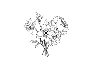 small daffodils, jonquils, chrysanthemum and peony in a bouquet tattoo idea