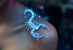 In the deep indigo sky, Scorpius coils like a celestial scorpion outlined in white light moving toward its star constellation tattoo idea