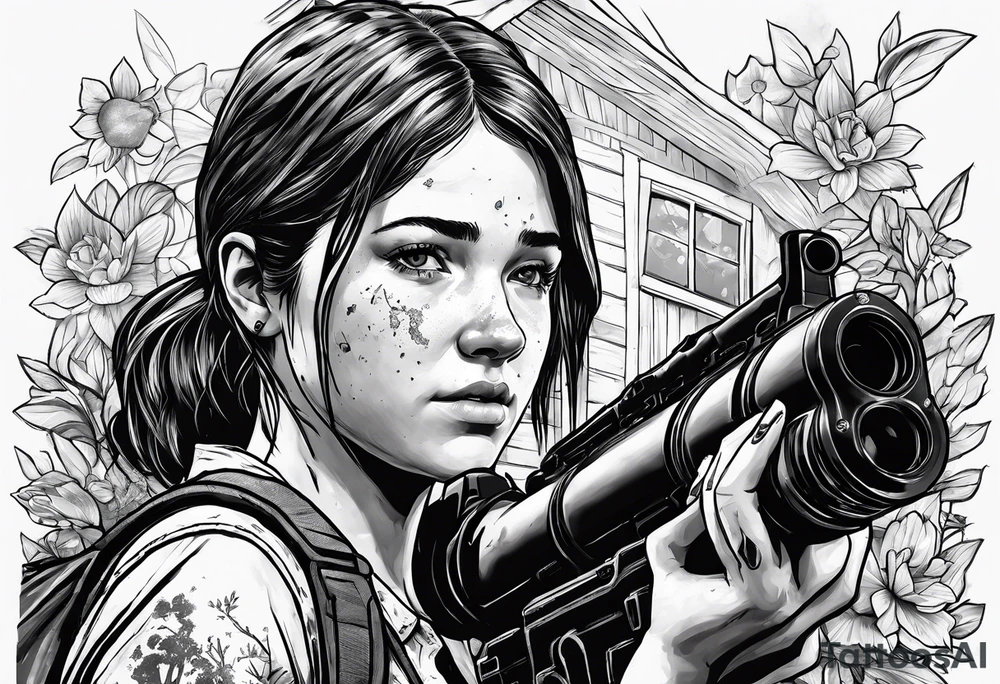 Ellie from the game series The Last of Us, including her tattoo and infected clickers tattoo idea