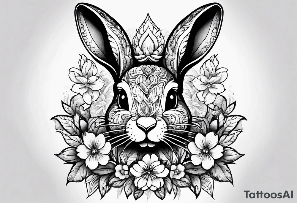 Rabbit head and flowers tattoo idea