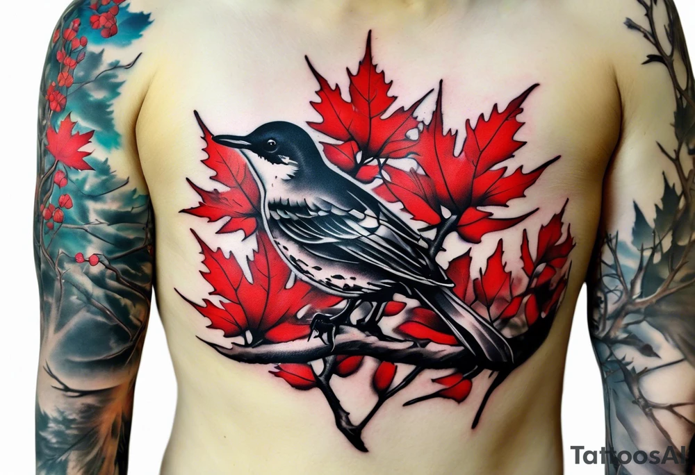 trash polka style. Arm tattoo. chest tattoo. Long tattoo. large tattoo. Full sleeve. Shoulder. A single large maple tree with red autumn leaves that branches upwards from wrist to shoulder. White-throated dipper bird on the trees branches. Calluna flowers at the base of the trees stem. Tree stem has dark colors. Red/yellow sunset behind the trees stem. Leaves falling. tattoo idea