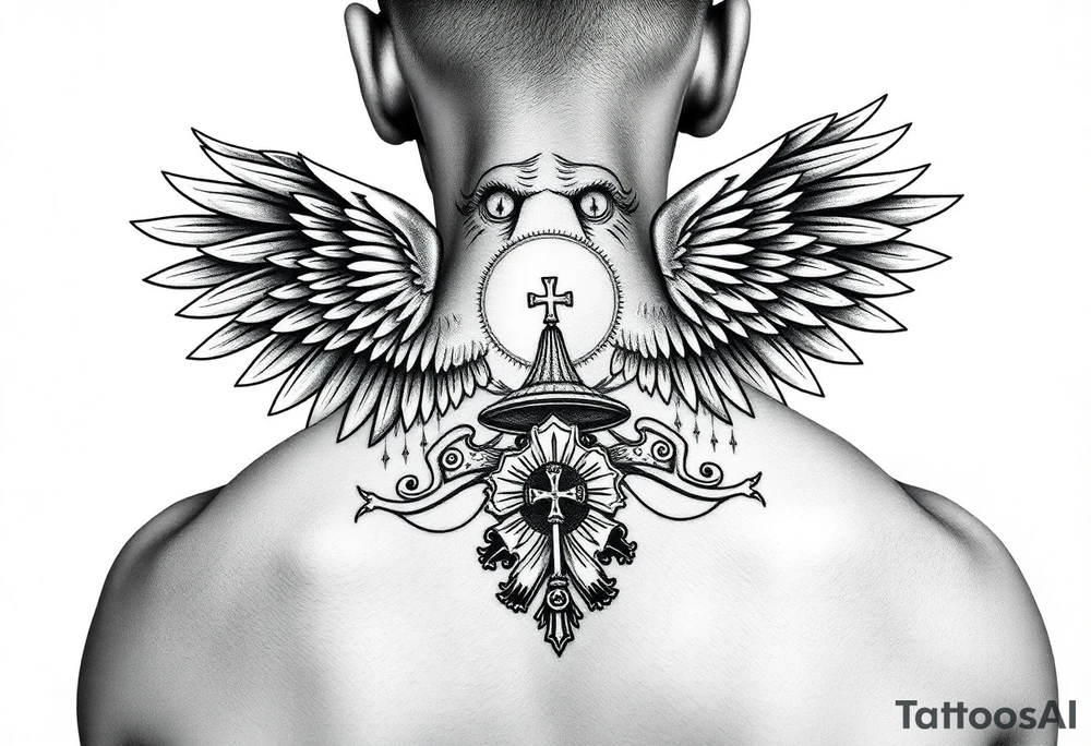 an actual russian coat of arms with the eagles wings spanning out on my back neck across my shoulders / traps with a orthodox christian church being visible in a mountainous sun beaming setting, with the russian orthodox cross spire of the orthodox church being visible on my neck with a sun beaming in the background that the cross sits inside tattoo idea