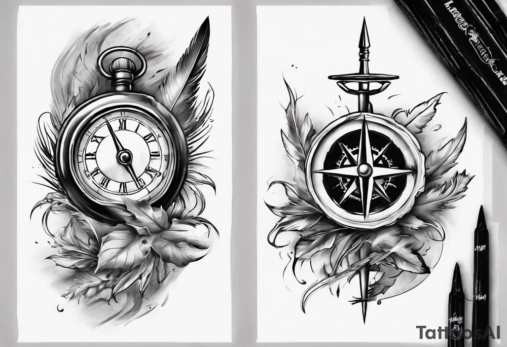 Landkarte mit einem Kompass drauf und einer Füllfeder mit Tinte, für den Unterarm tattoo idea