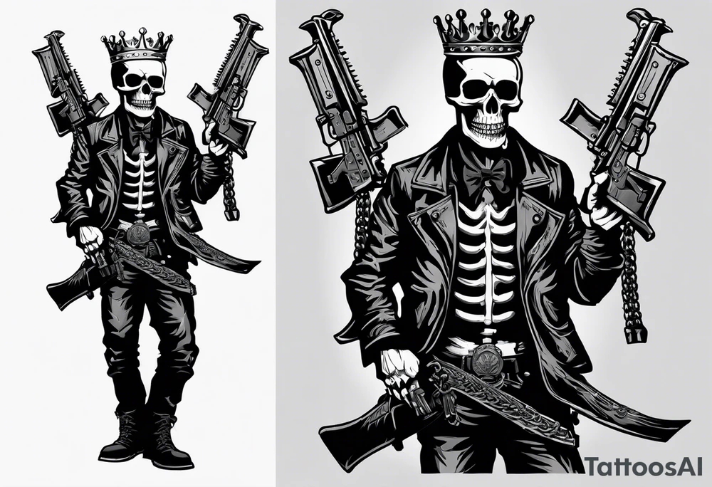 image of a skeleton standing frontally with a crown on his head, holding an AK-47 on his shoulder with his right hand. The chain on the left should be taut, there are three angry barking Dobermans in it, near the waist tattoo idea