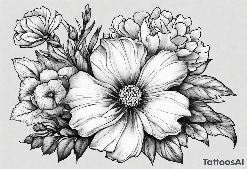 one larkspur, one carnation, one violet, one daisy and tied together with bow tattoo idea