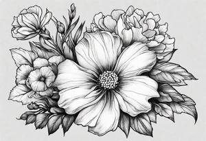 one larkspur, one carnation, one violet, one daisy and tied together with bow tattoo idea