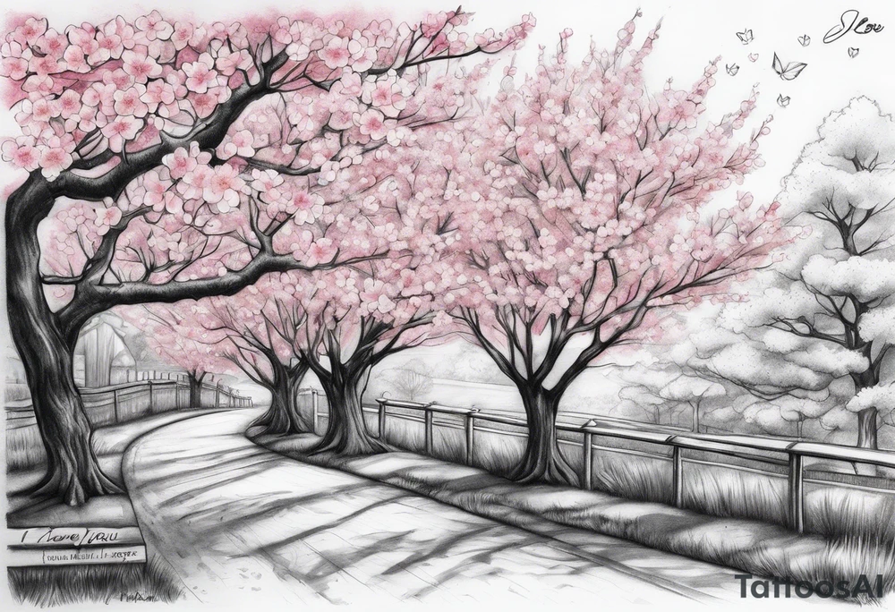 I love you in another language with cherry blossom trees coming im and out of it tattoo idea