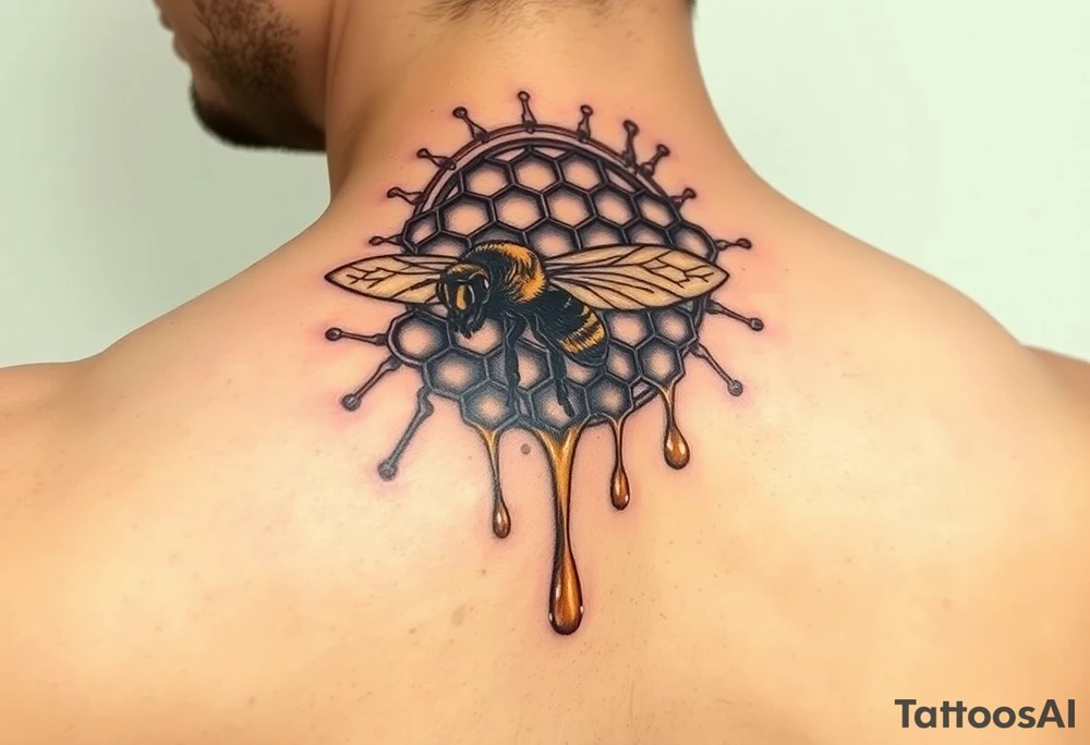 honeycomb with bee and dripping honey on a steampunk design on the upper arm tattoo idea