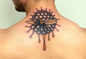 honeycomb with bee and dripping honey on a steampunk design on the upper arm tattoo idea