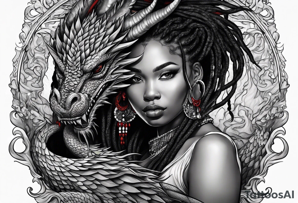 Red dragon behind black woman with dreadlocks tattoo idea