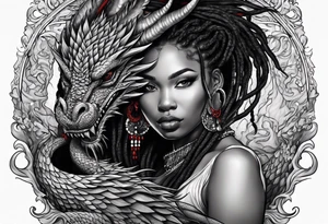 Red dragon behind black woman with dreadlocks tattoo idea