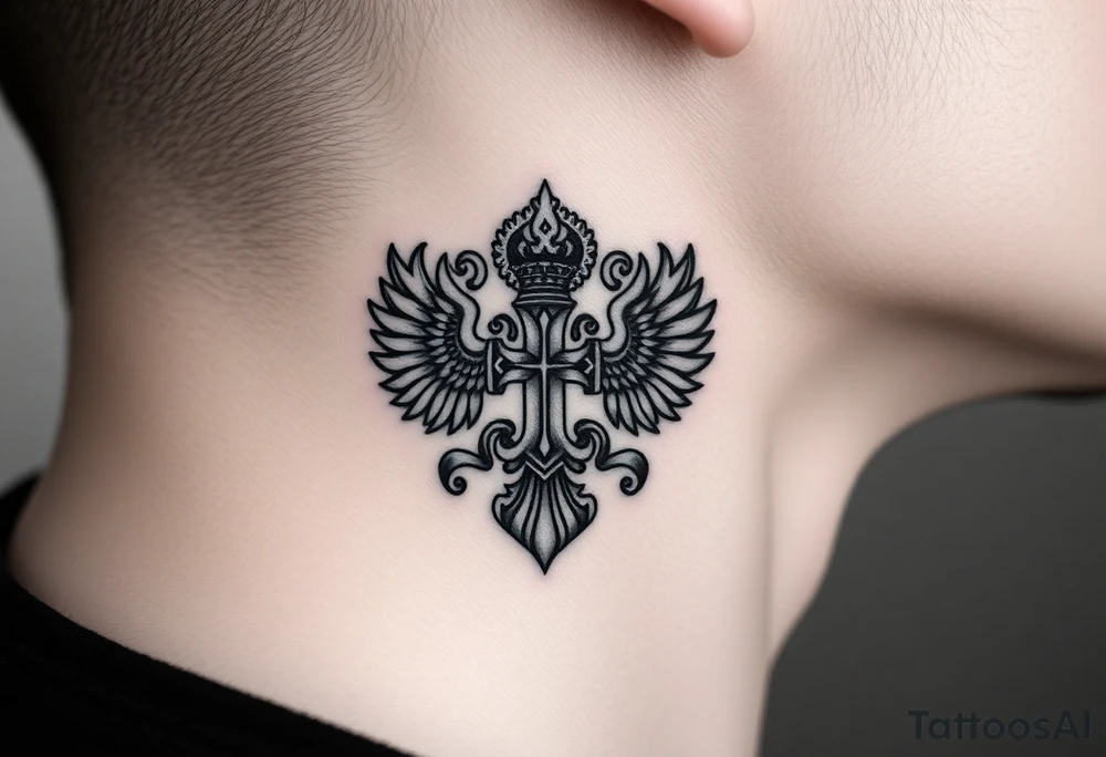 russian coat arms in a russian christian orthodox cross with the cross in the middle with a virgin mary & orthodox dome church on the side of the neck tattoo idea