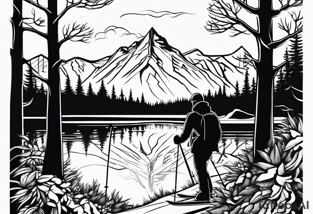 snow skier in distance with trees and mountains and lake at bottom tattoo idea