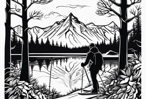 snow skier in distance with trees and mountains and lake at bottom tattoo idea