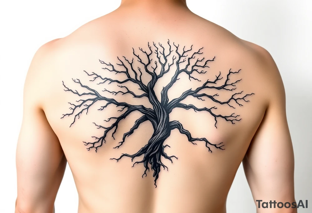 Flowing asymmetrical symbolic tree quarter sleeve. Combination of tree of Gondor and Yggdrasil. tattoo idea