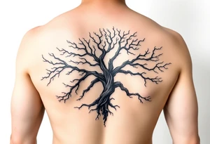 Flowing asymmetrical symbolic tree quarter sleeve. Combination of tree of Gondor and Yggdrasil. tattoo idea