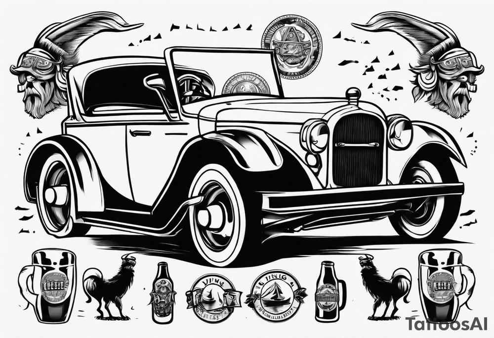 A Viking driving a vintage car holding a beer tattoo idea
