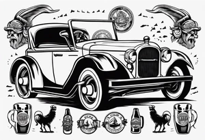 A Viking driving a vintage car holding a beer tattoo idea