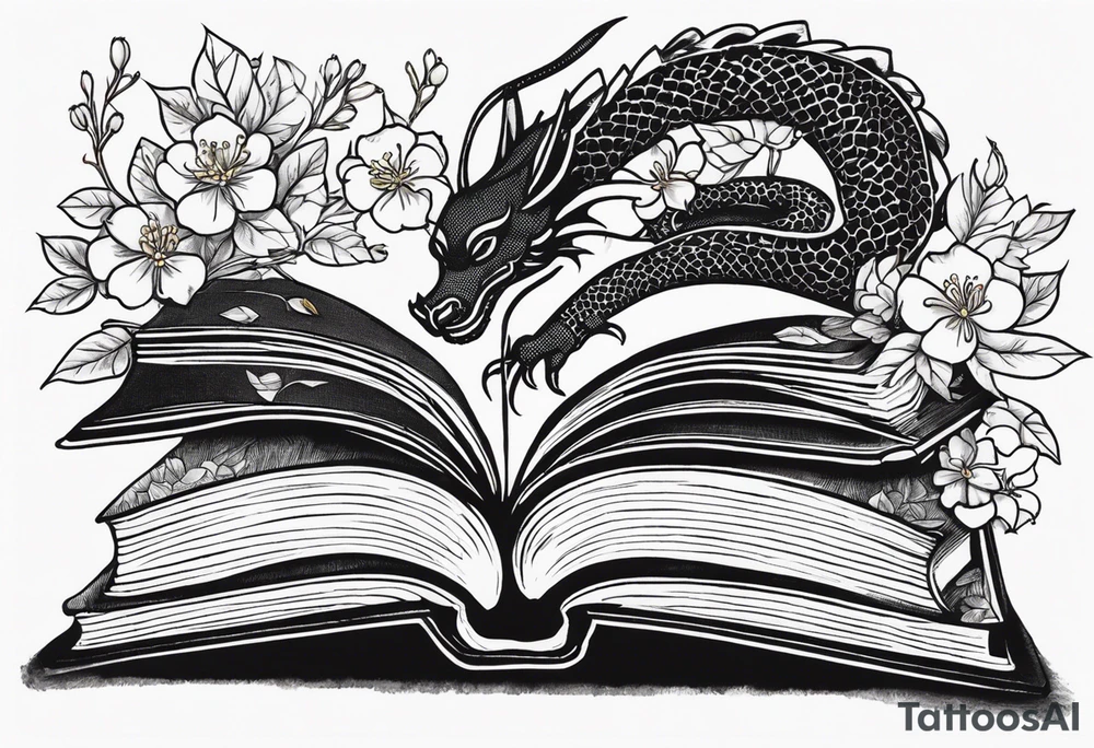 198 / 5.000
Two old books, one on top of the other, above them an open book, from the open book come out jasmine flowers with their leaves, on one side of the books there is a small dragon on the right side. tattoo idea