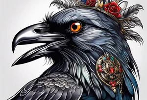 Crow with skull and shiny trinkets tattoo idea