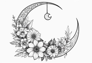 Crescent moon shrouded in pretty flowers tattoo idea