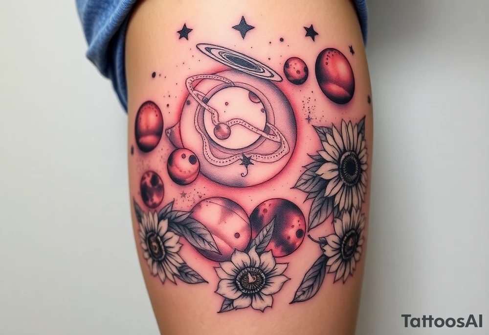 Milky way galaxy with planets with zodiac symbols and protection runes in it with tigerlillies roses and sunflowers tattoo idea