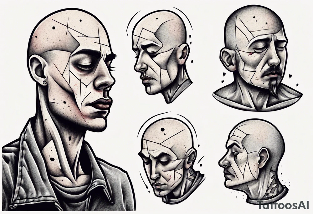 bald heartbroken man closeup tattoo idea