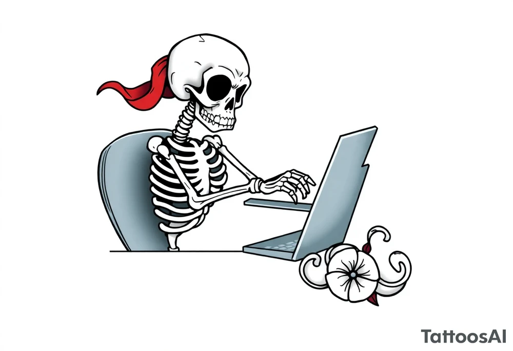 skeleton working at a desk with a laptop tattoo idea