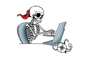 skeleton working at a desk with a laptop tattoo idea