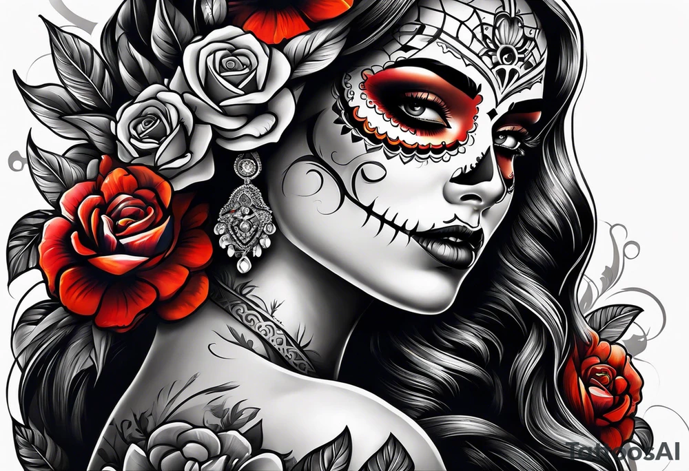 Dia de Los muertos colorful woman tattoo idea