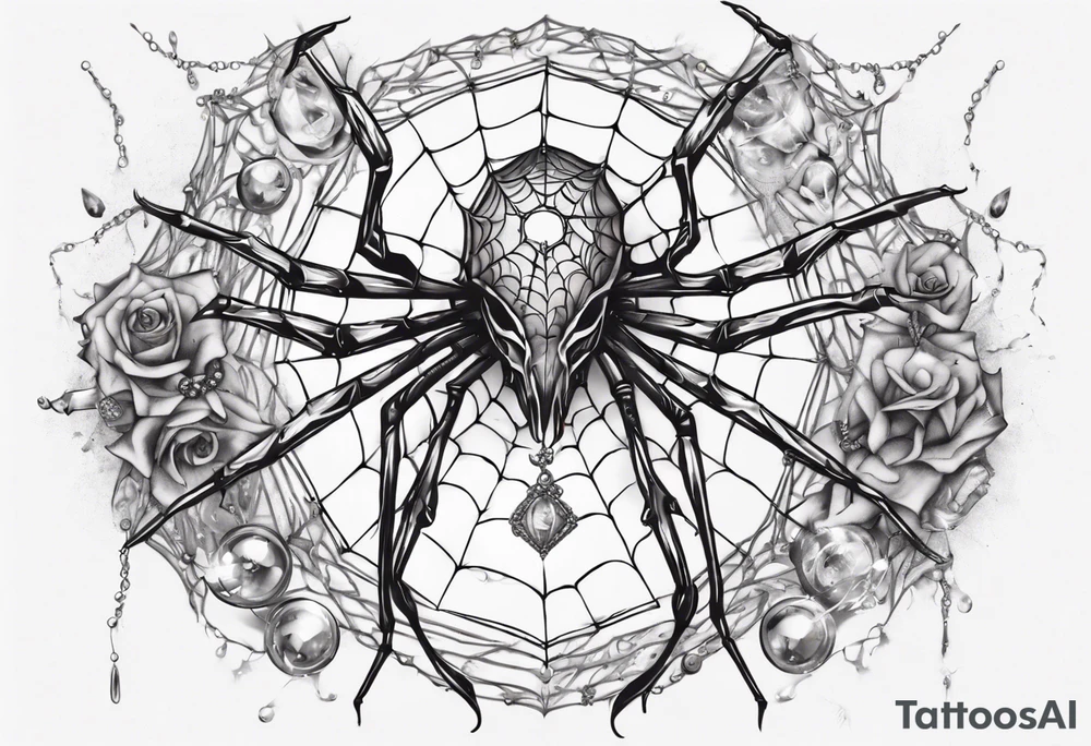 Spider in a spiral spiderweb with jewels and shattered chalices and spiral unicorn horn. tattoo idea
