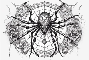 Spider in a spiral spiderweb with jewels and shattered chalices and spiral unicorn horn. tattoo idea