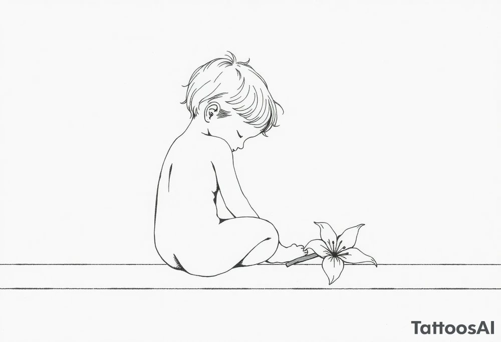 A simple tile floor with a minimalist outline of a curled up child sitting on the floor with a lily next to her tattoo idea