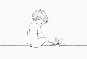 A simple tile floor with a minimalist outline of a curled up child sitting on the floor with a lily next to her tattoo idea