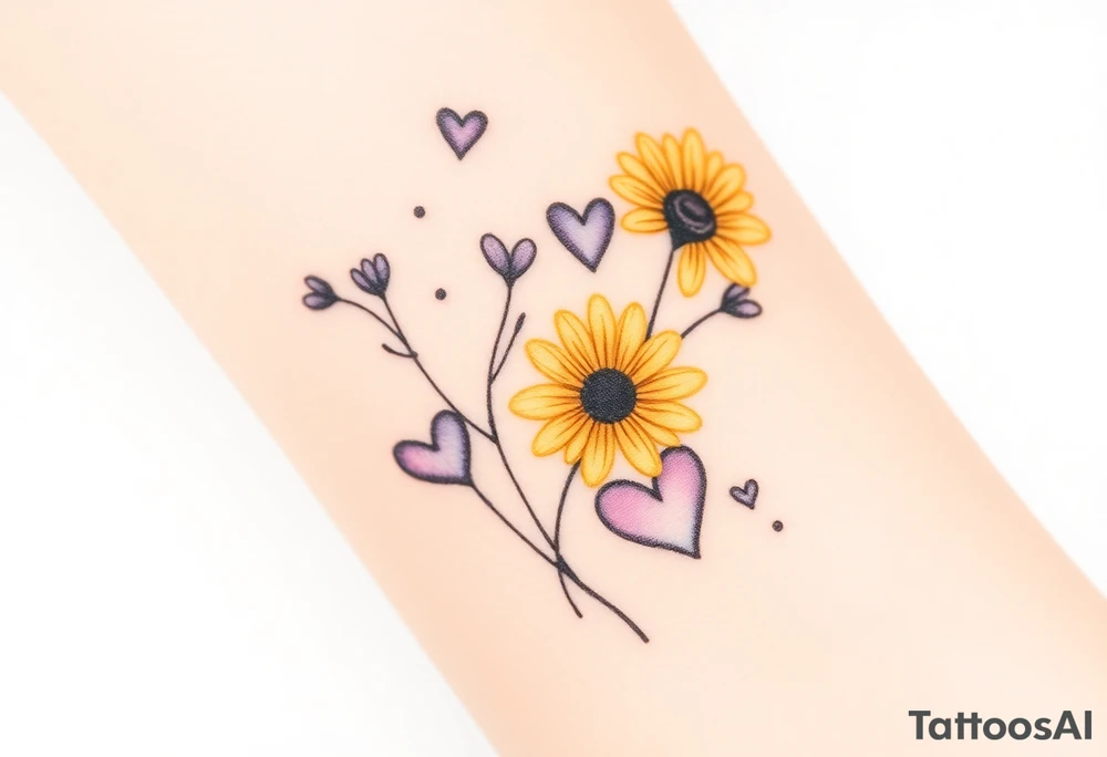 Yellow daisy & Purple Hearts tattoo idea