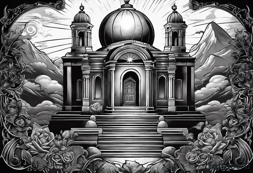 Tomb with cross and sun in the background tattoo idea