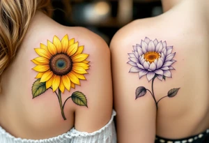 One partner wears a blooming sunflower in vibrant yellow, and the other a moonflower in soft white and lavender, symbolizing love in all seasons. tattoo idea